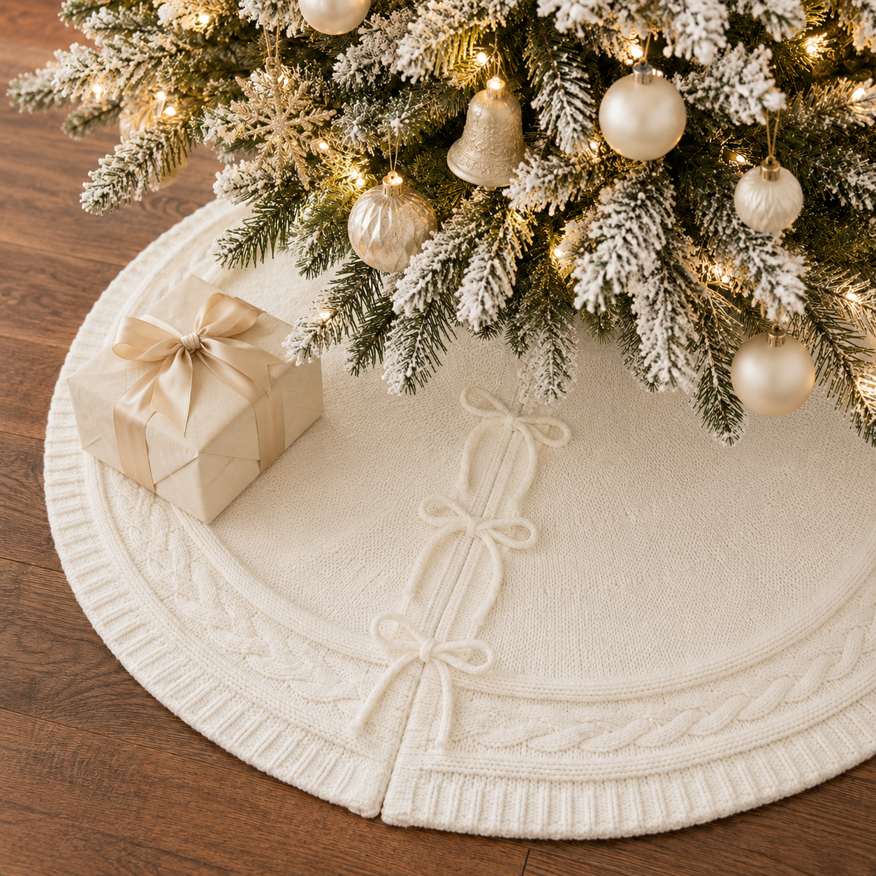 PUKUPIG 36 Inch Cream White Cable-Knit Christmas Tree Skirt
