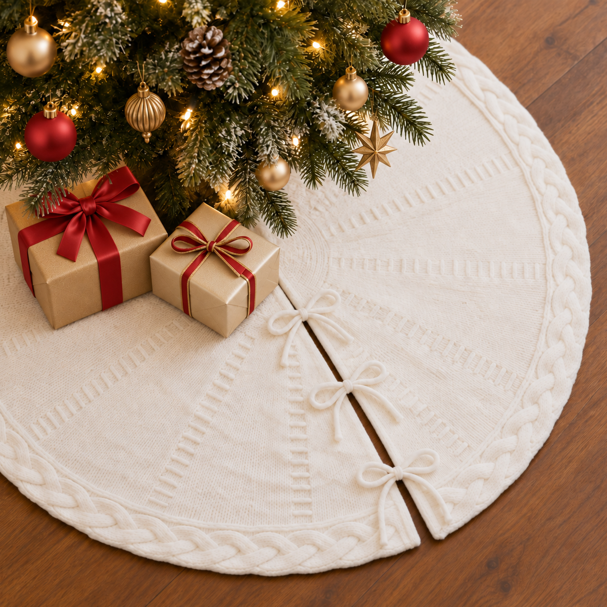 PUKUPIG 30 Inch Cream White Cable Knit Christmas Tree Skirt