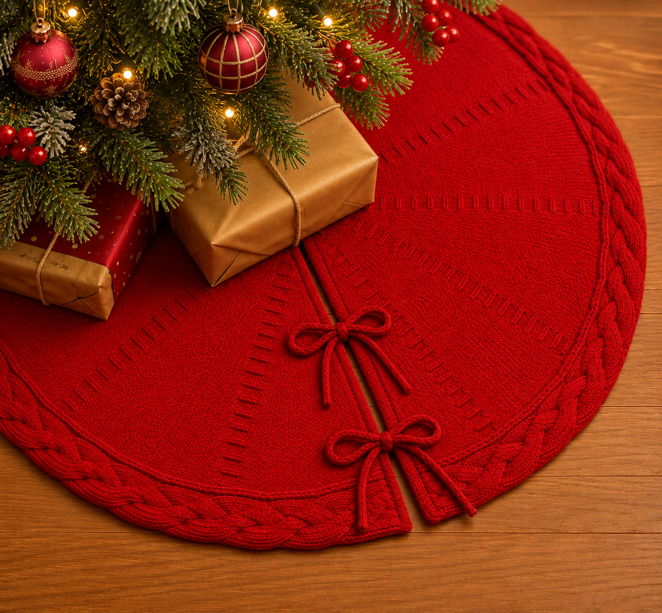 PUKUPIG 30 Inch Red Cable Knit Christmas Tree Skirt