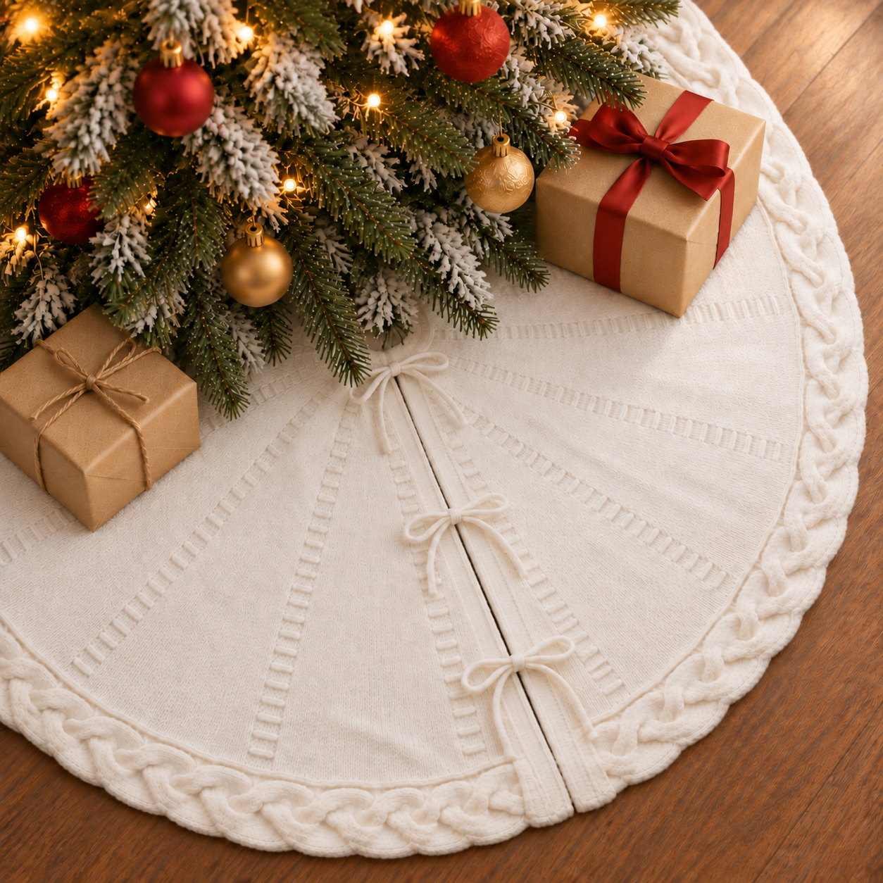 PUKUPIG 40 Inch Cream White Cable Knit Christmas Tree Skirt