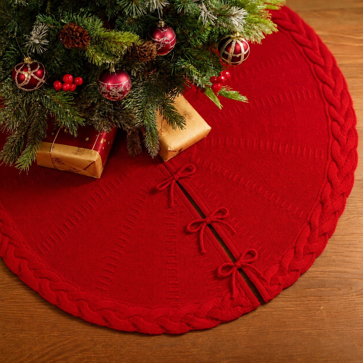 PUKUPIG 40 Inch Red Cable Knit Christmas Tree Skirt
