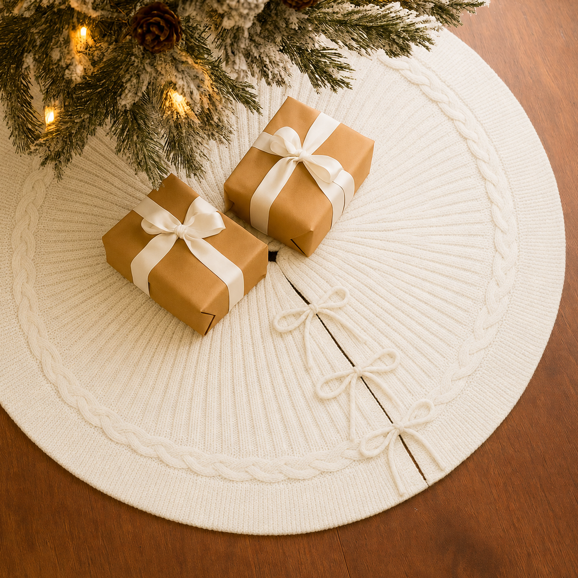 PUKUPIG 30 Inch Cream White Textured Knit Christmas Tree Skirt