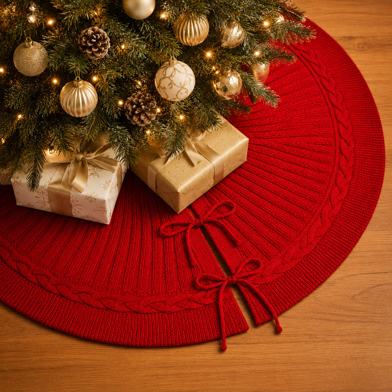 PUKUPIG 30 Inch Red Textured Knit Christmas Tree Skirt