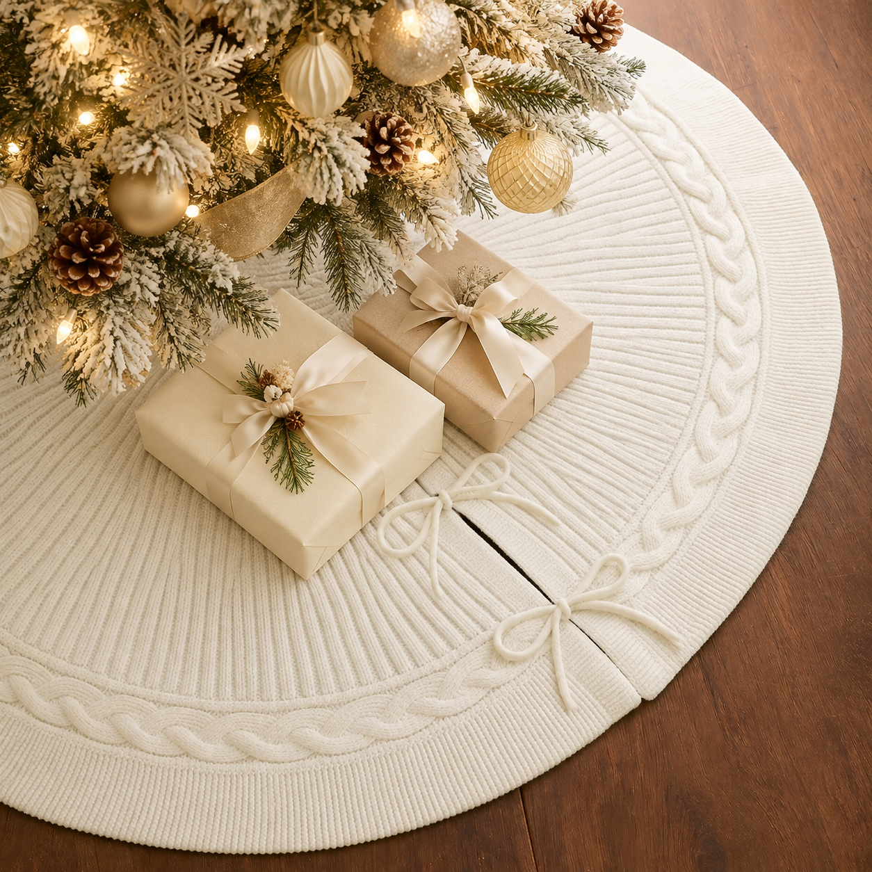 PUKUPIG 40 Inch Cream White Textured Knit Christmas Tree Skirt