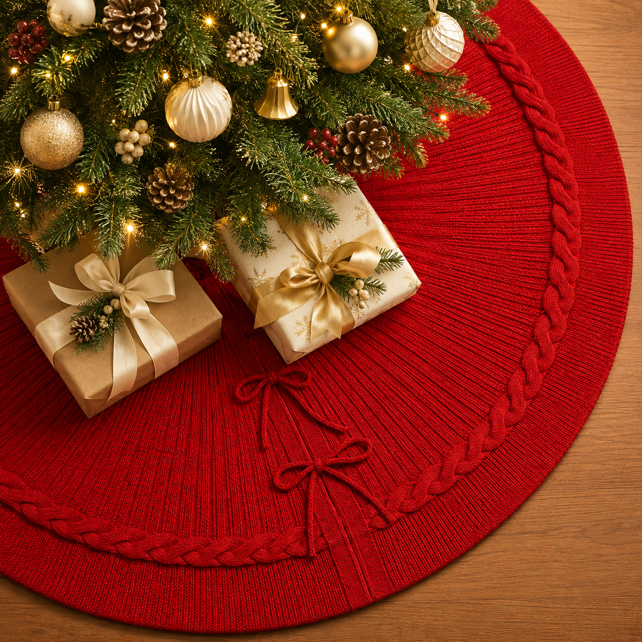 PUKUPIG 40 Inch Red Textured Knit Christmas Tree Skirt