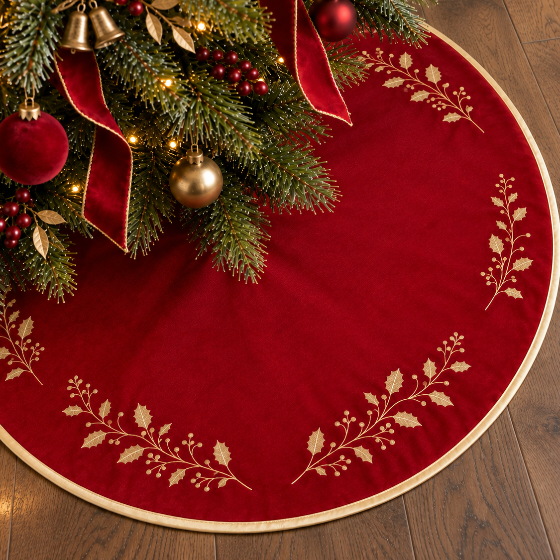 PUKUPIG 32 Inch Red Velvet Christmas Tree Skirt with Gold Holly Embroidery