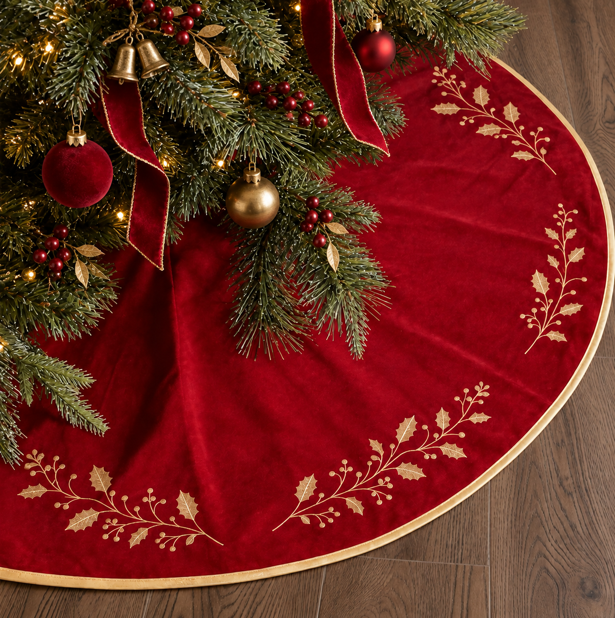 PUKUPIG 48 Inch Red Velvet Christmas Tree Skirt with Gold Holly Embroidery