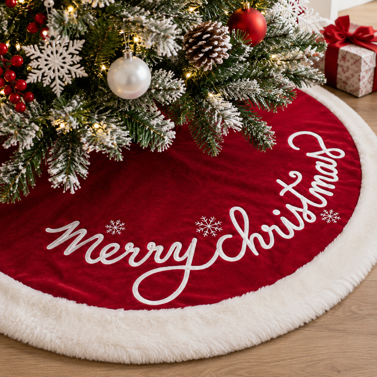 PUKUPIG 32 Inch Red Velvet Christmas Tree Skirt with Soft Plush Trim