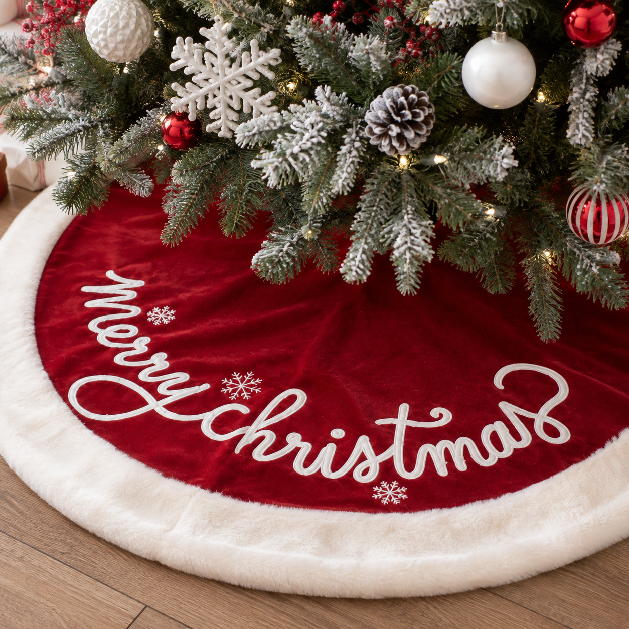 PUKUPIG 48 Inch Red Velvet Christmas Tree Skirt with Soft Plush Trim